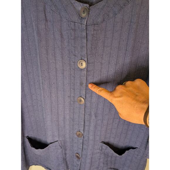 FLAX 100% Linen Shirt Navy Blue Button Front Medium Lagenlook Artisan Made - Picture 8 of 9